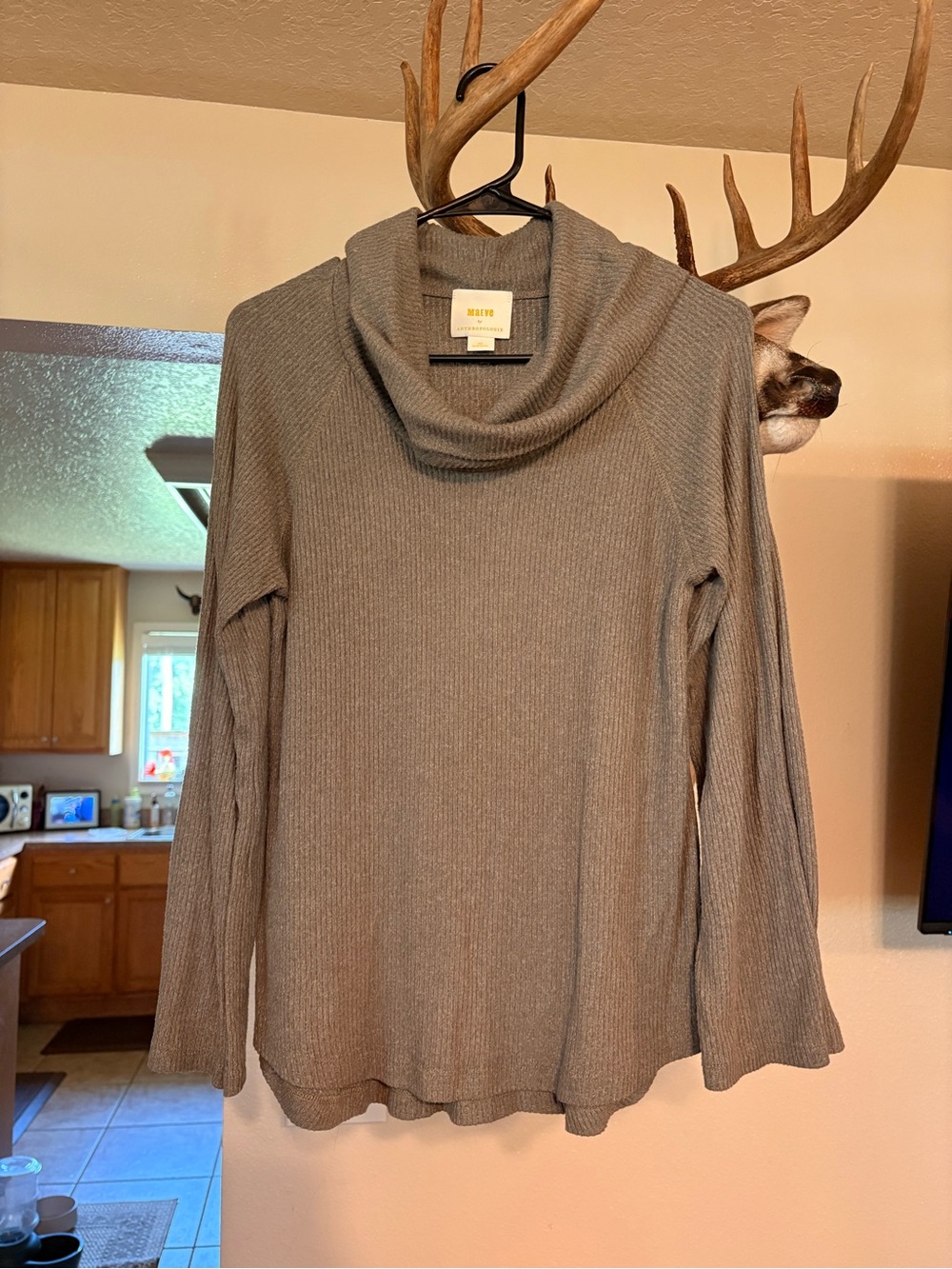 Anthropologie Taupe Ribbed Cowl Neck Sweater